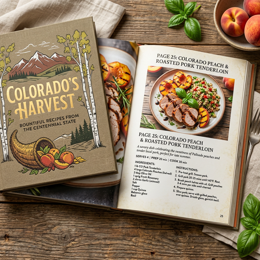 Cookbook open to Colorado peach and roasted pork tenderloin recipe with photo of plated dish